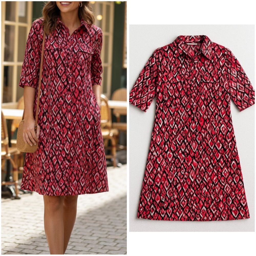 Jude Connally Small Pink-Red Ikat Geometric Print Stretch Shirt Dress 3/4 Sleeve